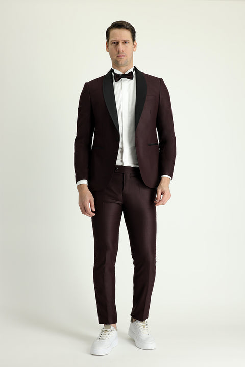 Koyu Bordo 7 Drop Slim Fit Dar Kesim Şal Yaka Smokin & Damatlık