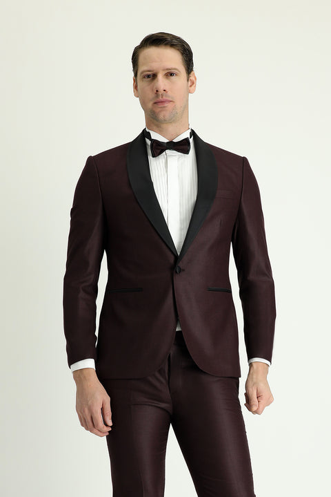 Koyu Bordo 7 Drop Slim Fit Dar Kesim Şal Yaka Smokin & Damatlık