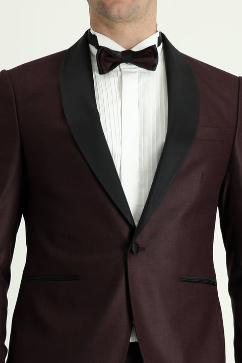 Koyu Bordo 7 Drop Slim Fit Dar Kesim Şal Yaka Smokin & Damatlık