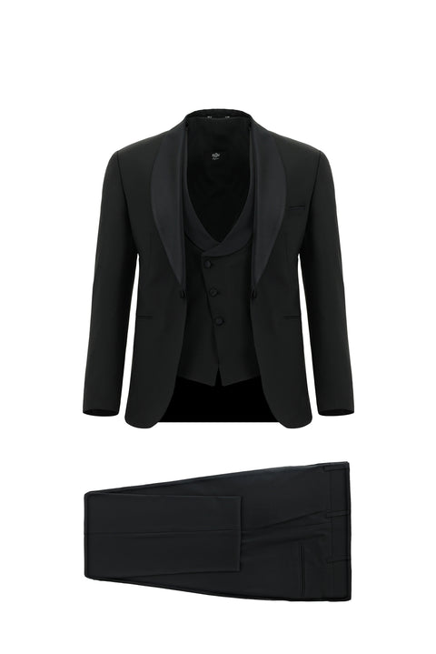 Black 7 Drop Slim Fit Narrow Cut Shawl Collar Wool Vest Tuxedo & Groom Suit