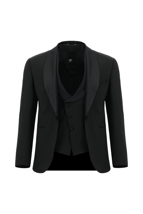 Black 4-Drop Relaxed Fit Loose Cut Shawl Collar Wool Vest Tuxedo & Groom Suit