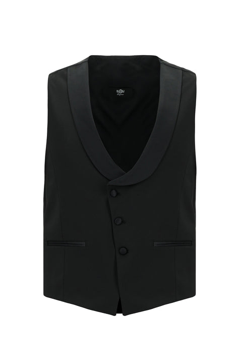 Black 4-Drop Relaxed Fit Loose Cut Shawl Collar Wool Vest Tuxedo & Groom Suit