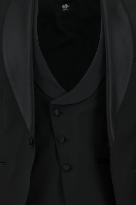 Black 4-Drop Relaxed Fit Loose Cut Shawl Collar Wool Vest Tuxedo & Groom Suit