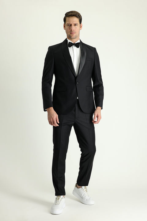 Siyah 7 Drop Slim Fit Dar Kesim Şal Yaka Smokin & Damatlık