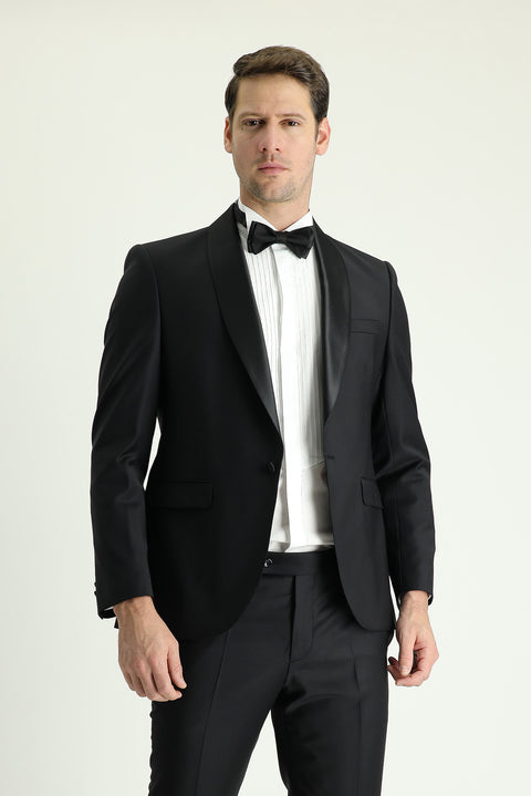 Siyah 7 Drop Slim Fit Dar Kesim Şal Yaka Smokin & Damatlık