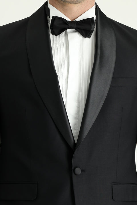 Siyah 7 Drop Slim Fit Dar Kesim Şal Yaka Smokin & Damatlık