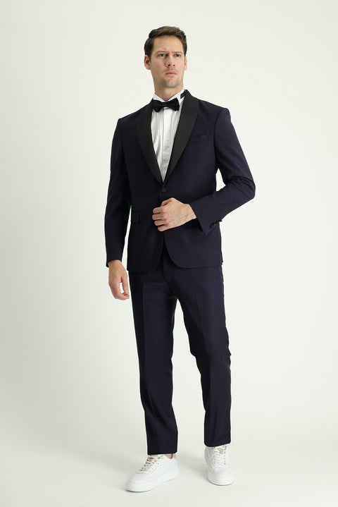 Koyu Lacivert 7 Drop Slim Fit Dar Kesim Şal Yaka Smokin & Damatlık