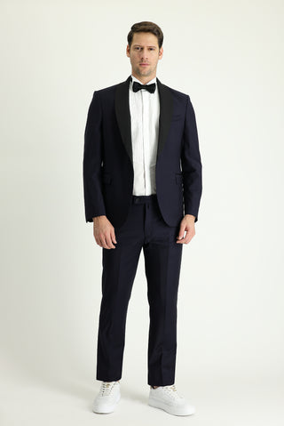  Koyu Lacivert 7 Drop Slim Fit Dar Kesim Şal Yaka Smokin & Damatlık