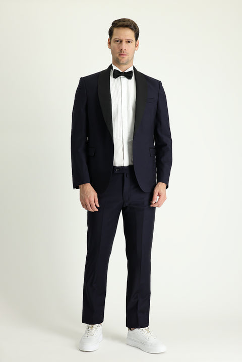 Koyu Lacivert 7 Drop Slim Fit Dar Kesim Şal Yaka Smokin & Damatlık