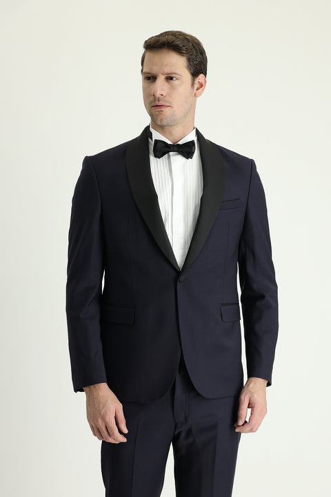 Koyu Lacivert 7 Drop Slim Fit Dar Kesim Şal Yaka Smokin & Damatlık
