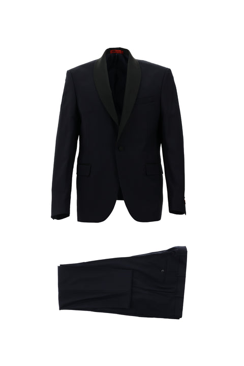 Koyu Lacivert 7 Drop Slim Fit Dar Kesim Şal Yaka Smokin & Damatlık