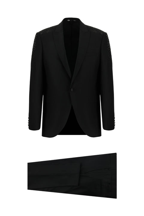 Siyah 7 Drop Slim Fit Dar Kesim Sivri Yaka Smokin & Damatlık