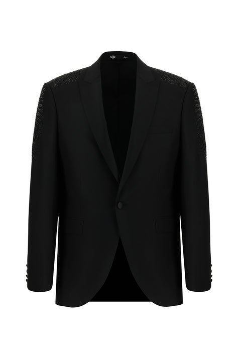 Siyah 7 Drop Slim Fit Dar Kesim Sivri Yaka Smokin & Damatlık