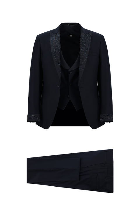 Dark Navy 7 Drop Slim Fit Narrow Cut Pointed Collar Vest Tuxedo & Groom Suit