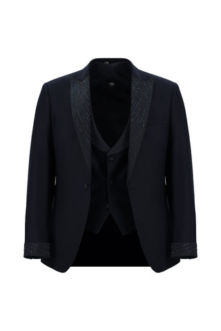  Koyu Lacivert 7 Drop Slim Fit Dar Kesim Sivri Yaka Yelekli Smokin & Damatlık