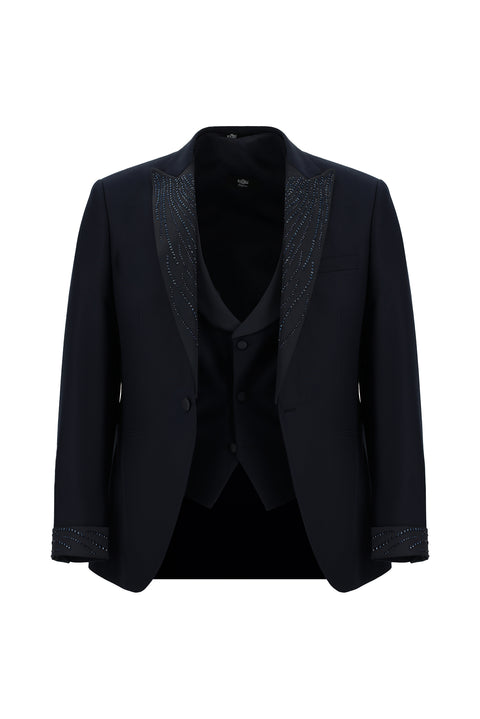 Dark Navy 7 Drop Slim Fit Narrow Cut Pointed Collar Vest Tuxedo & Groom Suit