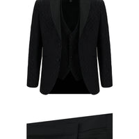 Black 7 Drop Slim Fit Narrow Cut Pointed Collar Patterned Vest Tuxedo & Groom Suit