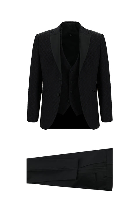 Black 7 Drop Slim Fit Narrow Cut Pointed Collar Patterned Vest Tuxedo & Groom Suit
