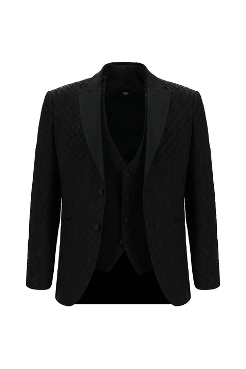 Black 7 Drop Slim Fit Narrow Cut Pointed Collar Patterned Vest Tuxedo & Groom Suit
