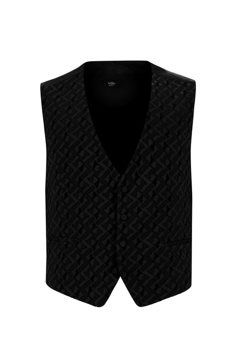 Black 7 Drop Slim Fit Narrow Cut Pointed Collar Patterned Vest Tuxedo & Groom Suit