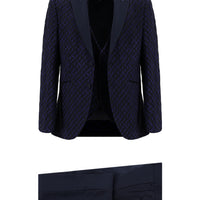 Dark Navy 7 Drop Slim Fit Narrow Cut Pointed Collar Patterned Vest Tuxedo & Groom Suit