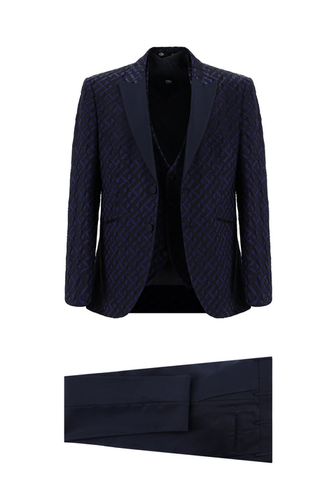 Dark Navy 7 Drop Slim Fit Narrow Cut Pointed Collar Patterned Vest Tuxedo & Groom Suit