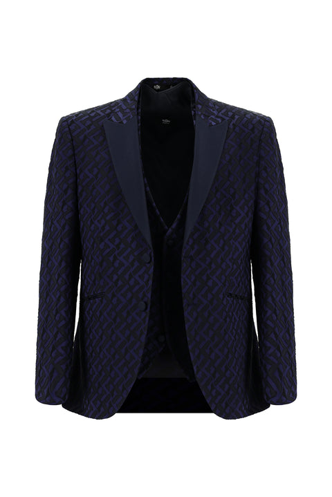 Dark Navy 7 Drop Slim Fit Narrow Cut Pointed Collar Patterned Vest Tuxedo & Groom Suit
