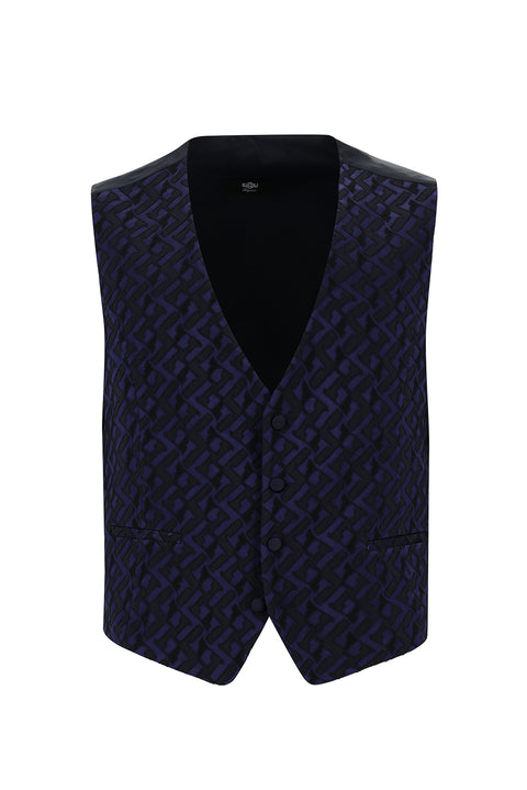 Dark Navy 7 Drop Slim Fit Narrow Cut Pointed Collar Patterned Vest Tuxedo & Groom Suit