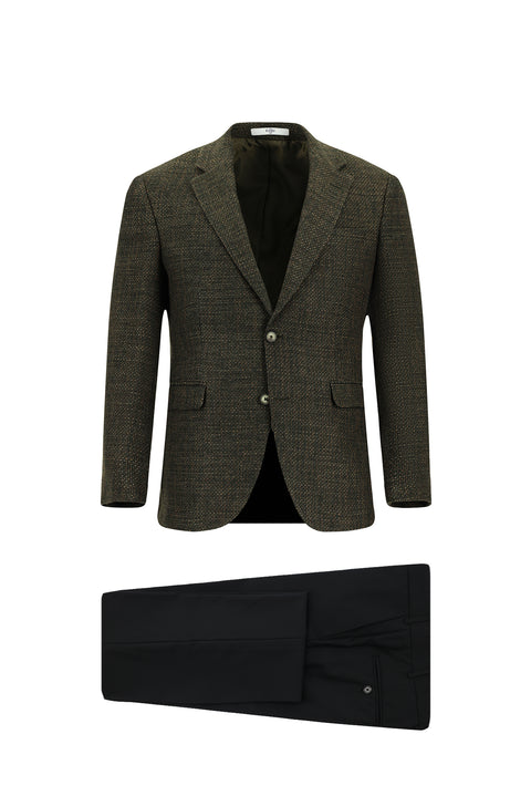 Medium Khaki 6 Drop Regular Fit Standard Cut Wool Patterned Combination Suit