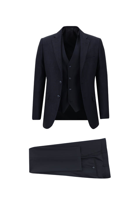 Medium Navy 7 Drop Slim Fit Patterned Suit with Vest