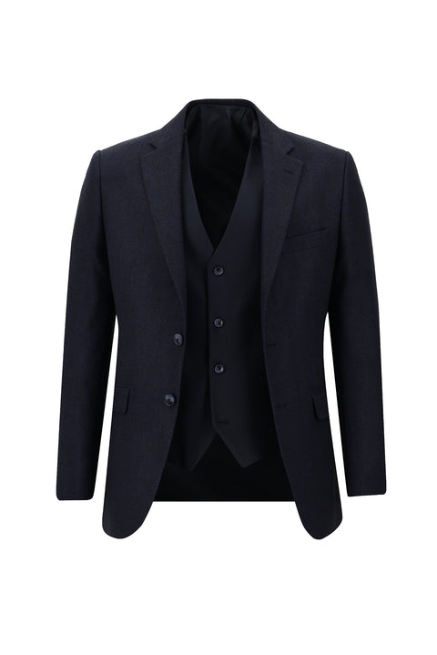 Medium Navy 7 Drop Slim Fit Patterned Suit with Vest