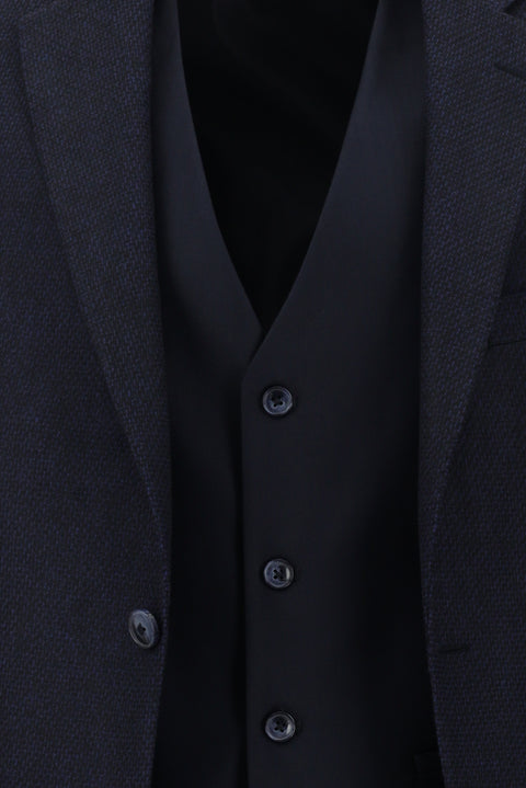Medium Navy 7 Drop Slim Fit Patterned Suit with Vest