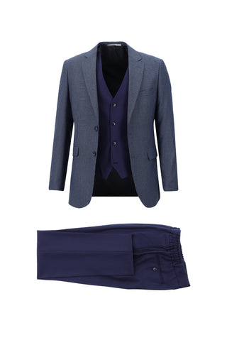  Orta Lacivert 7 Drop Slim Fit Dar Kesim Beli Lastikli İpli Kombinli Yelekli Takım Elbise