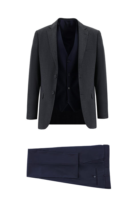 Dark Navy 6 Drop Regular Fit Standard Cut Patterned Suit with Vest