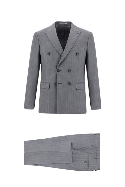 Orta Gri 7 Drop Super Slim Fit Eksra Dar Kesim Çizgili Kruvaze Takım Elbise