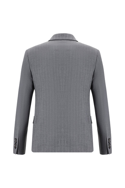 Orta Gri 7 Drop Super Slim Fit Eksra Dar Kesim Çizgili Kruvaze Takım Elbise