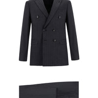 Koyu Füme 7 Drop Super Slim Fit Eksra Dar Kesim Çizgili Kruvaze Takım Elbise