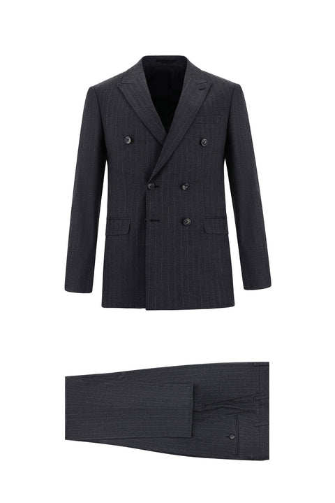 Koyu Füme 7 Drop Super Slim Fit Eksra Dar Kesim Çizgili Kruvaze Takım Elbise
