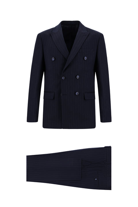 Dark Navy 7 Drop Super Slim Fit Extra Narrow Cut Striped Double-Breasted Suit