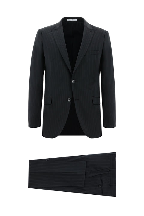 Black 6-Drop Regular Fit Standard Cut Wool Striped Suit