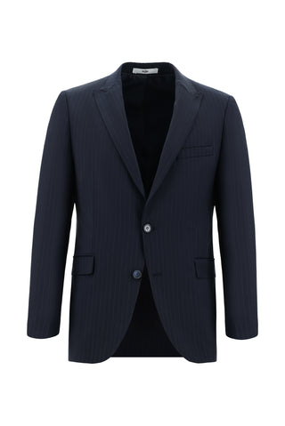  Koyu Lacivert 7 Drop Slim Fit Dar Kesim Yünlü Çizgili Takım Elbise