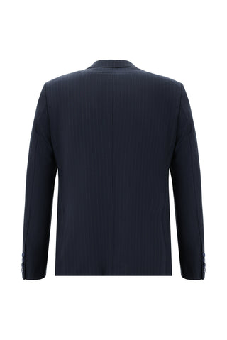  Koyu Lacivert 7 Drop Slim Fit Dar Kesim Yünlü Çizgili Takım Elbise