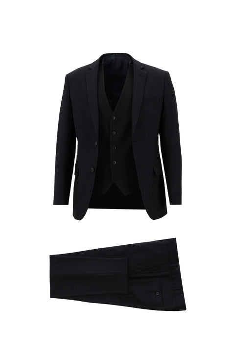 Dark Navy 7 Drop Super Slim Fit Extra Narrow Cut Plaid Suit with Vest