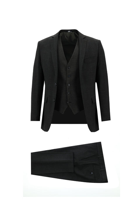 Koyu Antrasit 7 Drop Super Slim Fit Eksra Dar Kesim Fit Kareli Yelekli Takım Elbise