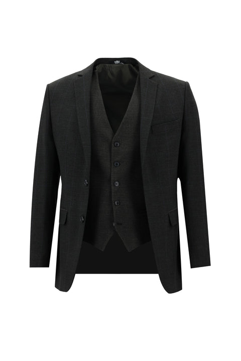 Koyu Antrasit 7 Drop Super Slim Fit Eksra Dar Kesim Fit Kareli Yelekli Takım Elbise