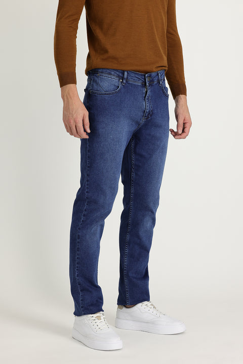 Mid-Dark Blue Regular Fit Standard Cut Lycra Denim Pants