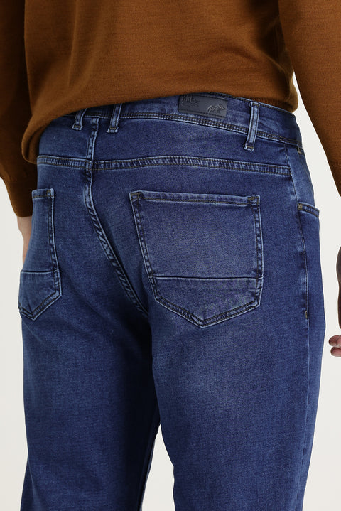 Mid-Dark Blue Regular Fit Standard Cut Lycra Denim Pants