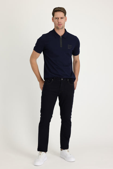 Dark Navy Regular Fit Standard Cut Lycra Denim Trousers