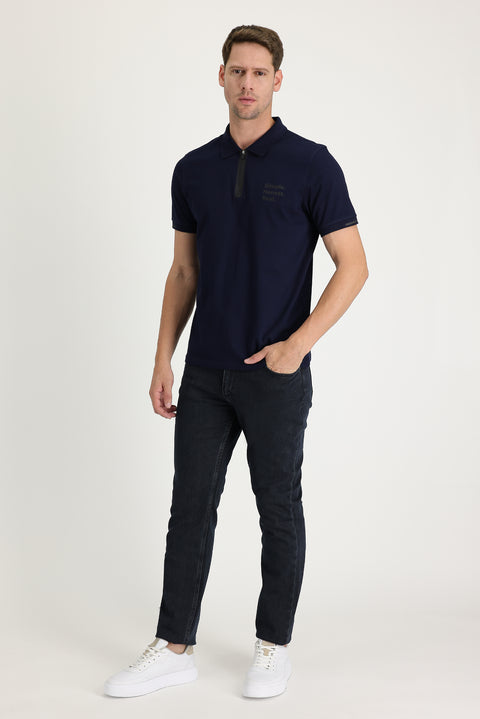 Mid-Dark Blue Regular Fit Standard Cut Lycra Denim Pants