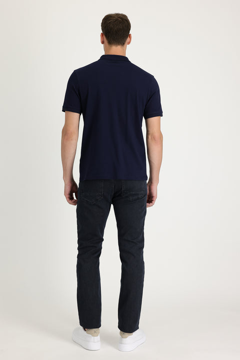 Mid-Dark Blue Regular Fit Standard Cut Lycra Denim Pants